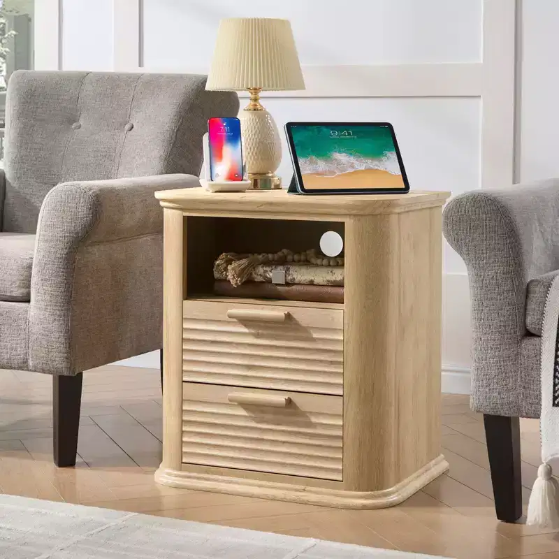 Fluted Nightstand with Charging Station, Modern Bedside Table with 2 Drawers & Open Shelf, End Table for Living Room, Bedroom, Home Office