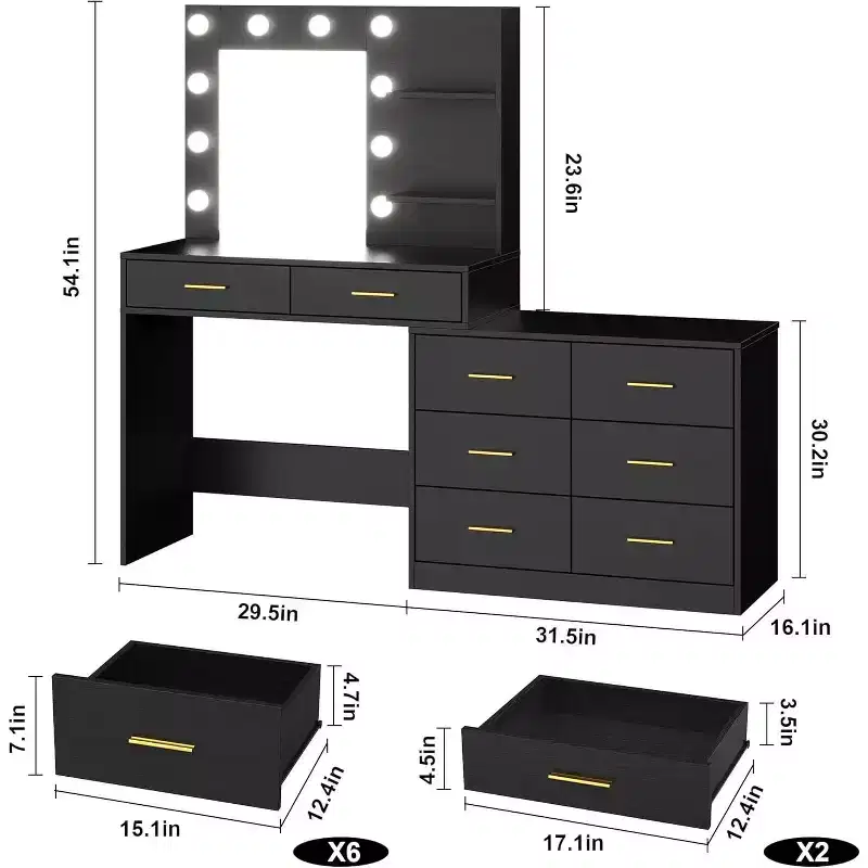 61 Make Up Vanity Desk, 3 Lighting Modes with Adjustable Brightness, Vanity with 8 Wide Storage Drawers & 2 Tier Shelves for Bedroom