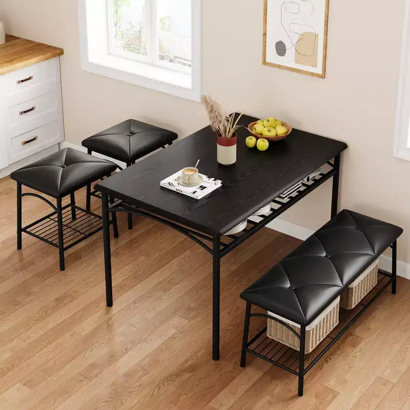 Brown & Black Dining Table Set for 4, Rectangle, Iron Frame