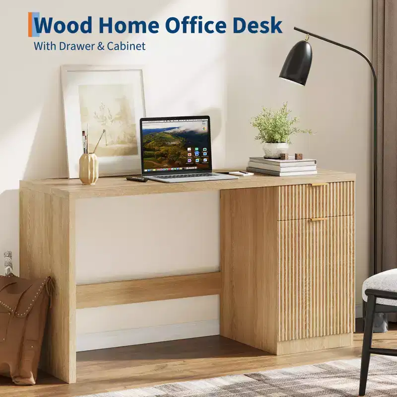 Modern Fluted Executive Desk  60in Wide Wooden Computer Workstation with Storage, Drawer & Cabinet, Large Oak Office Desk for Home, Study, Workspace
