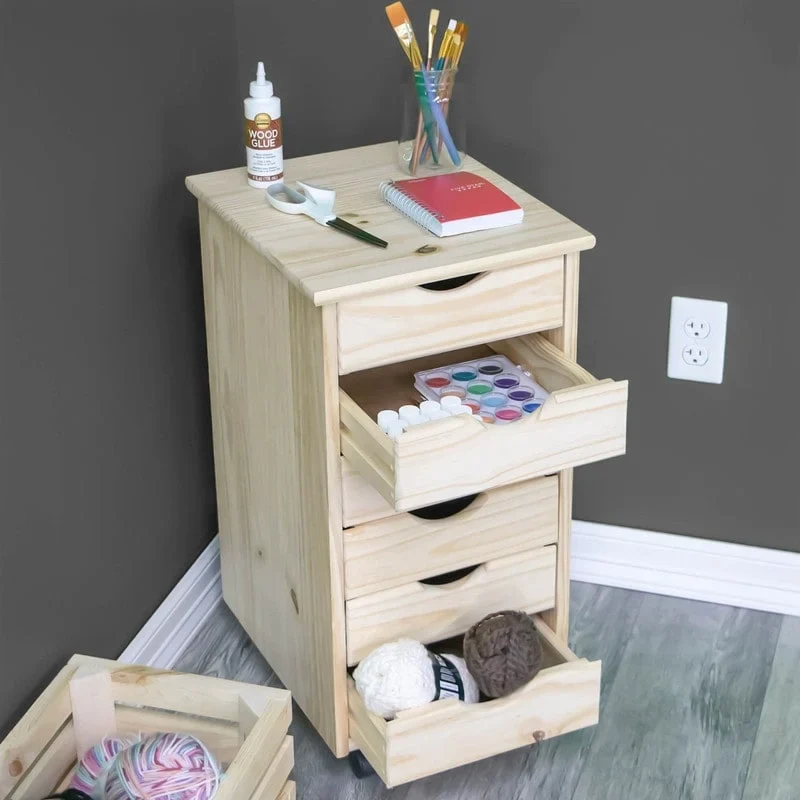 Solid Wood 6-Drawer Roll Cart with Casters – Unfinished Natural