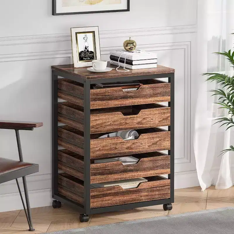 5-Drawer Wood Storage Cabinet with Wheels Smooth Slides 150 lbs Capacity Desktop Space