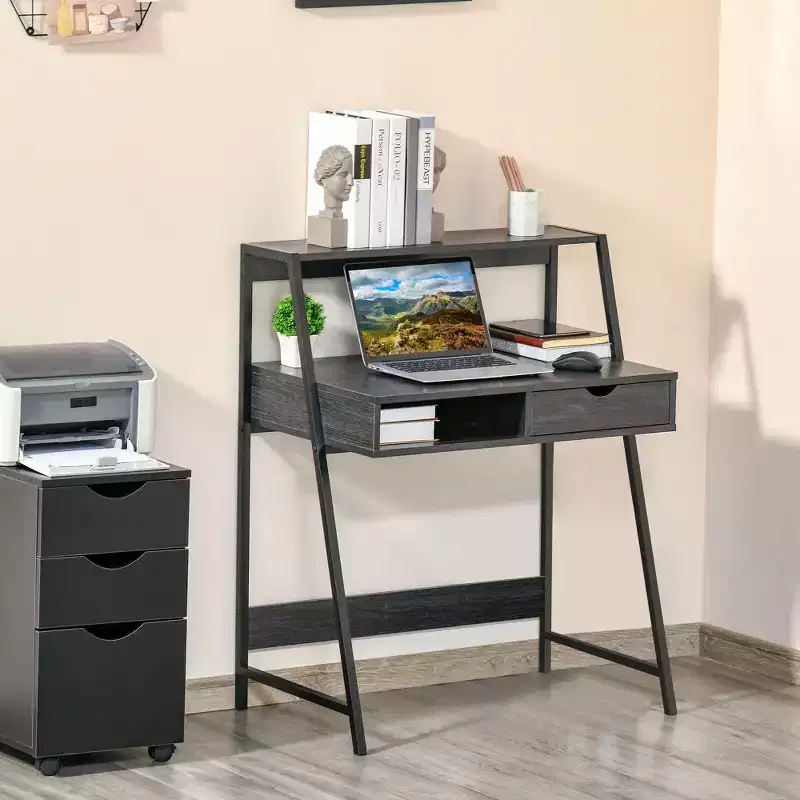 Home Office Desk, Computer Desk for Small Spaces, Writing Table with Drawer and Storage Shelves
