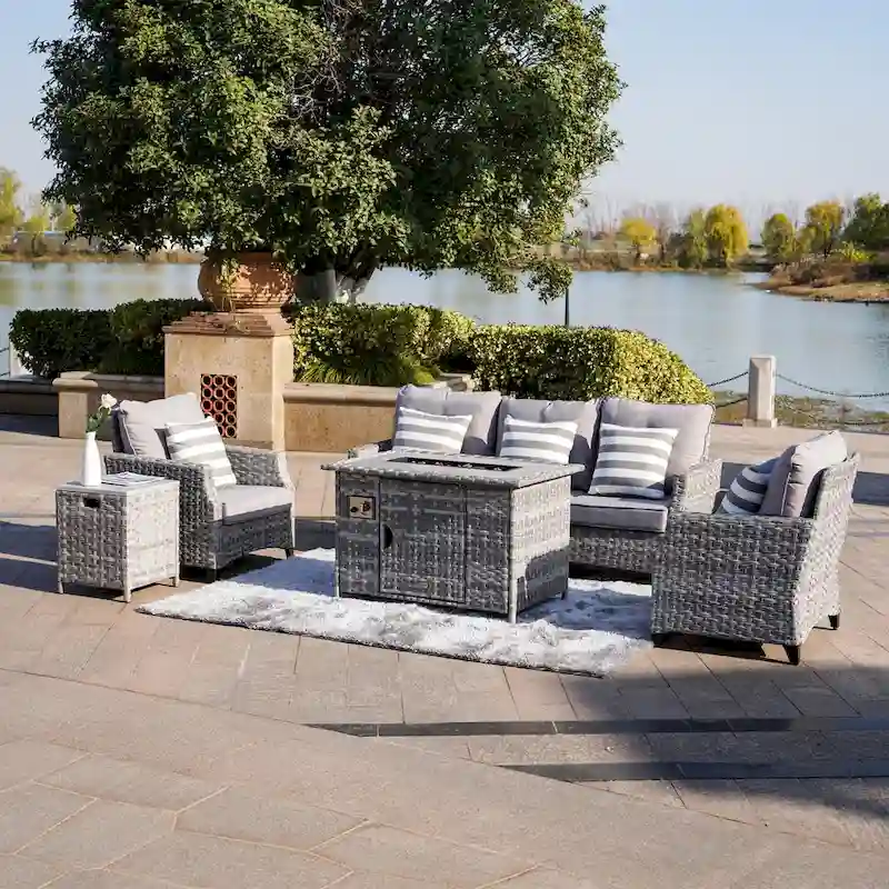 Abrihome 5-piece Wicker Patio Garden Furniture Sofa Set with Gas Fire Pit