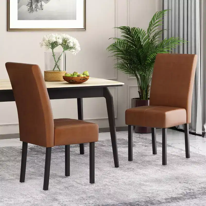 Set of 2 Faux Leather T-Stitch High Back Dining Chairs, Cognac Brown & Espresso Wood Legs