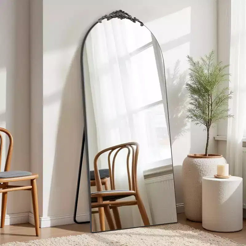 Full-Length Wooden Mirror with Right-Angled Arch Frame