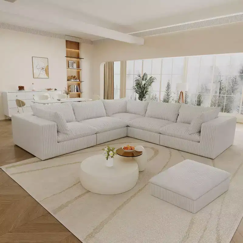 118.2 White Corduroy Fabric DIY Combination Cloud Sofa Deep Seat Couches Double-layer design Removable Cushion No Assembly