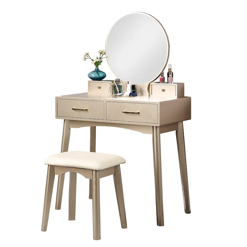 Wood Vanity Table Set with Mirror and Stool
