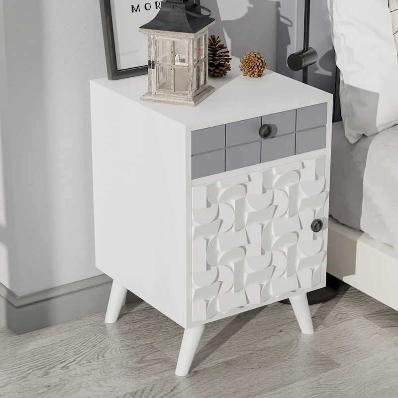 Ash Grey Mango Solid Wood Nightstand with 1 Door and 1 Drawer for 1 Person