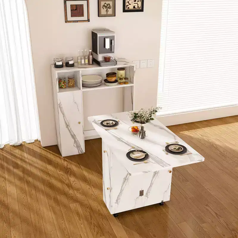 JVNOXK Multi-functional folding dining table with wall-mounted side cabinet and storage space with outlets, ideal for compact apartments, white