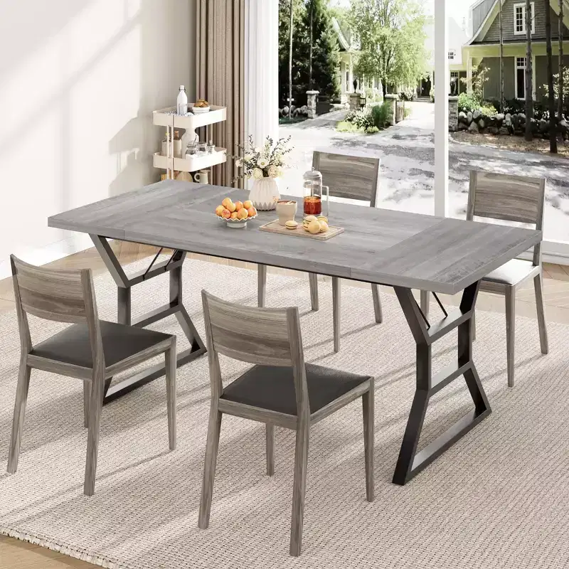 Farmhouse Rectangular Dining Table for 6, Rustic Solidified Wood Top and Heavy Duty Metal Legs, Sturdy Kitchen and Dining Room Table for Family Meals