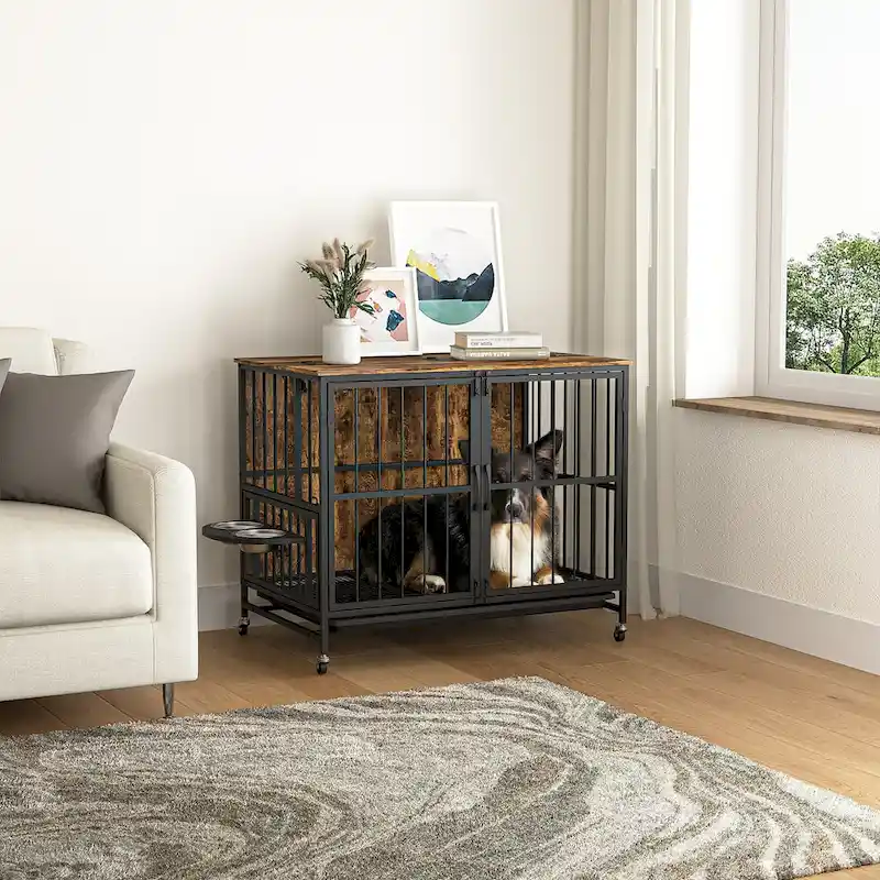 Kennel Dogs room up to 80 LB with Rremovable Ttray,2 Door Dog House,lift Panel,360 Degree Rotation,3 Height Adjustable Bowls