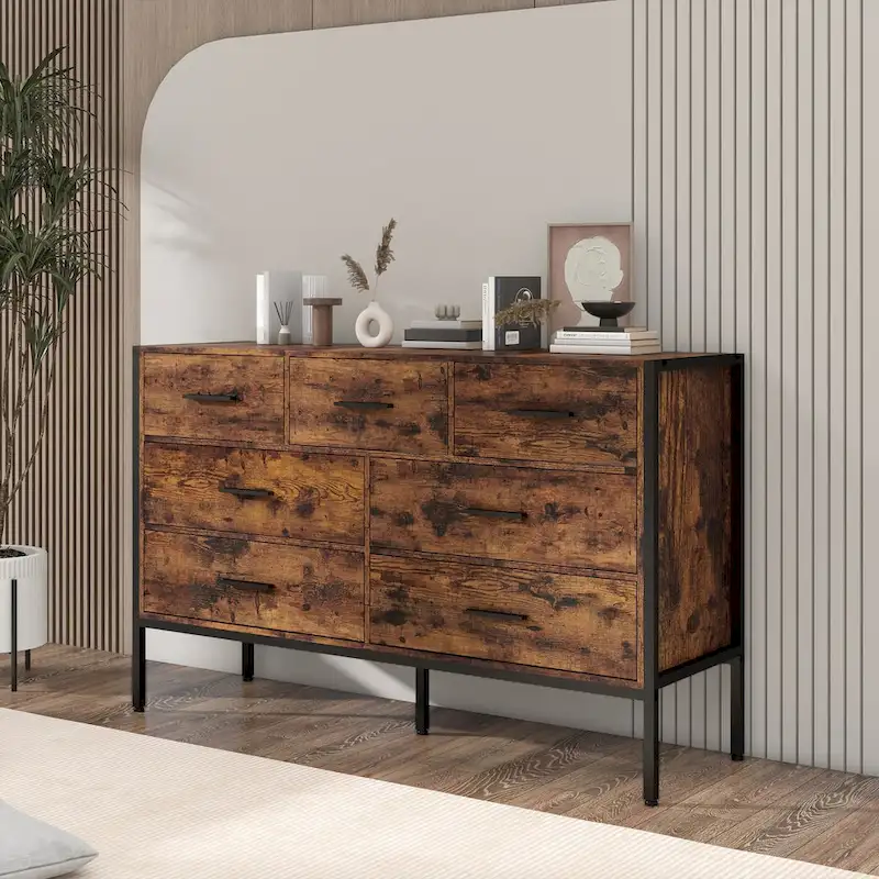 48 Wood Storage Dresser with 7 Drawers, Solid Clothes Cabinet with Sturdy Steel Frame, 48.58W15.75D31.22H, Rustic Brown