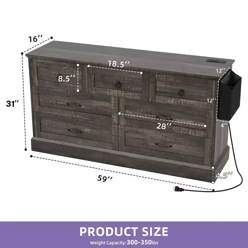 59inche Wide Farmhouse 7 Drawers Dresser Wood Rustic Drawers with Nice Texture Vintage Design Storage Dressers Organizer