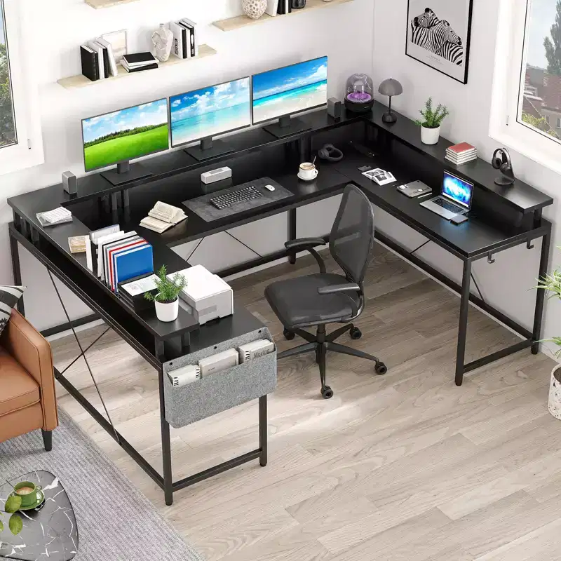 U Shaped Computer Gaming Desk, Reversible L Shaped Desk with Power Outlets, LED Strip & Monitor Stand