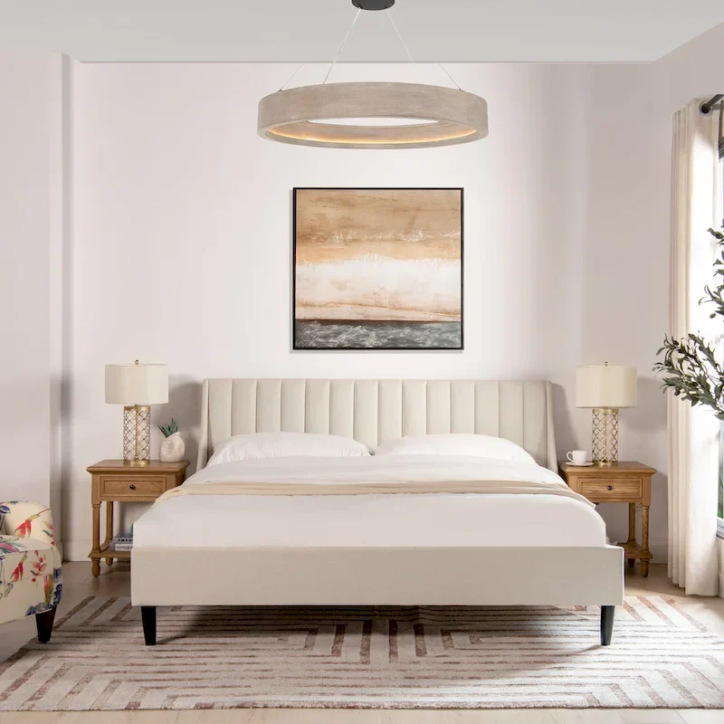 Low-Profile Linen Platform Bed with Vertical Tufted Headboard | King & Queen | Farmhouse Style