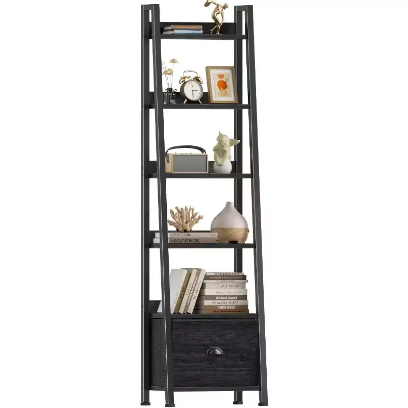 Qwatto Black 6 Tier Ladder Bookshelf with Drawer Tall Industrial Wood Metal Freestanding Storage Rack Etagere Display Bookcase for Home Office Rooms