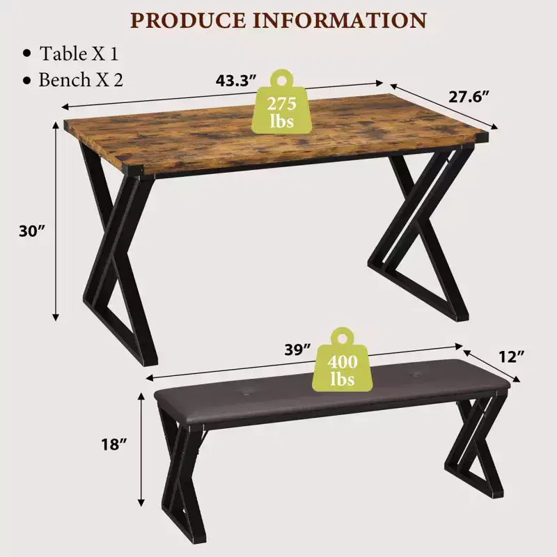 Bench-Style Dining Table Set Wooden dining table with 2 benches 4-6 person dining table and chair set Suitable for kitchens and apartments