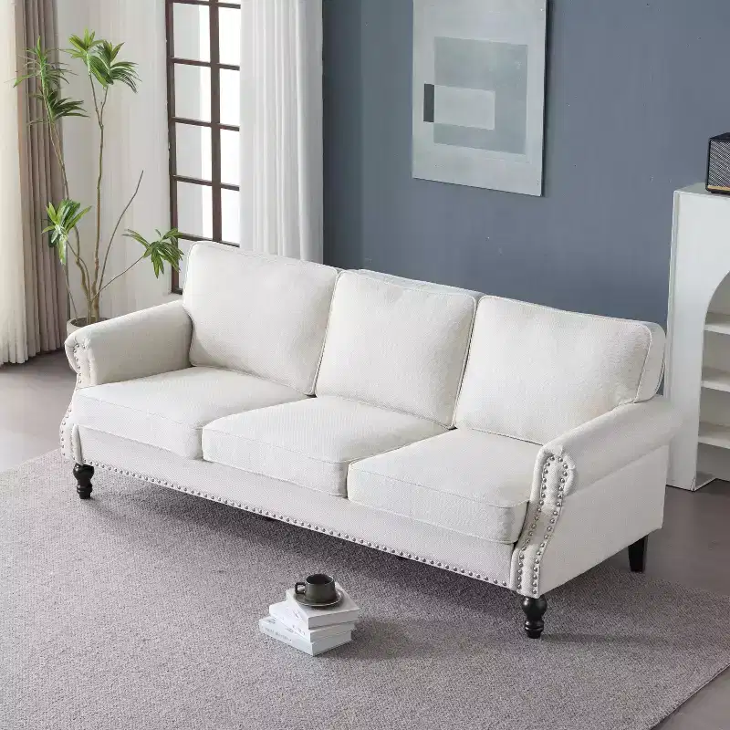 TUYOHW 82.68 Inch Faux Leather 3-Seater Sofa with Nailhead Trim for Living Room,Apartment,Office,Beige
