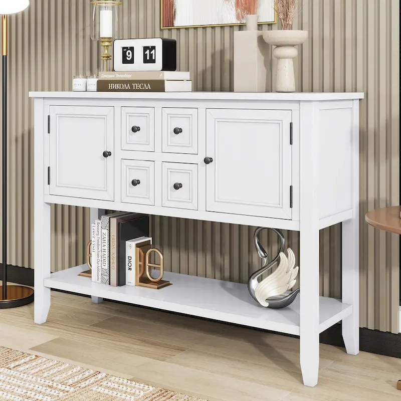 White 4-Drawer Buffet Sideboard Console Table with Bottom Shelf