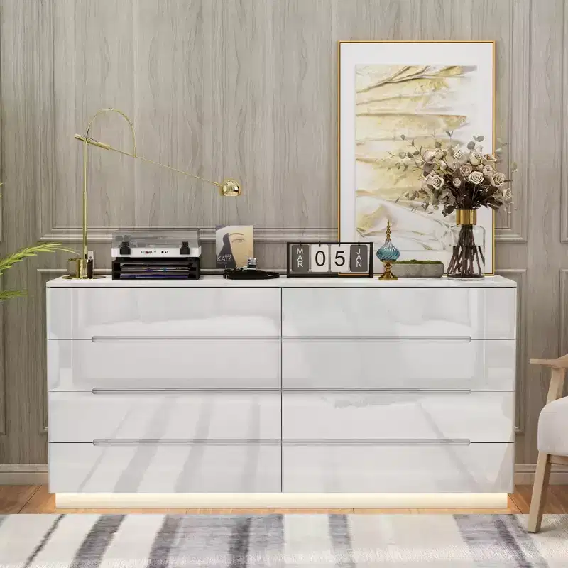 Famapy Modern 8-Drawer Chest with LED Base Lighting, High-Gloss & Multi-Room Versatility,Chest of Drawers,Stylish Organizer for Home