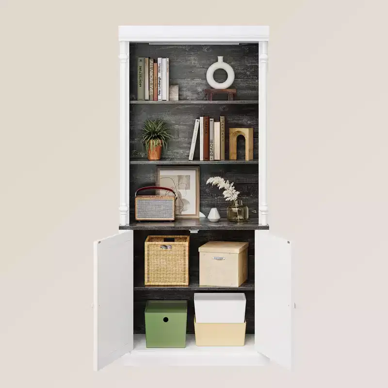 Tall Storage Bookcase with 3-Tier Open Shelves and Double Door, Roman Column Design, Wood Grain Display Storage Cabinet for Home Office, Living Room