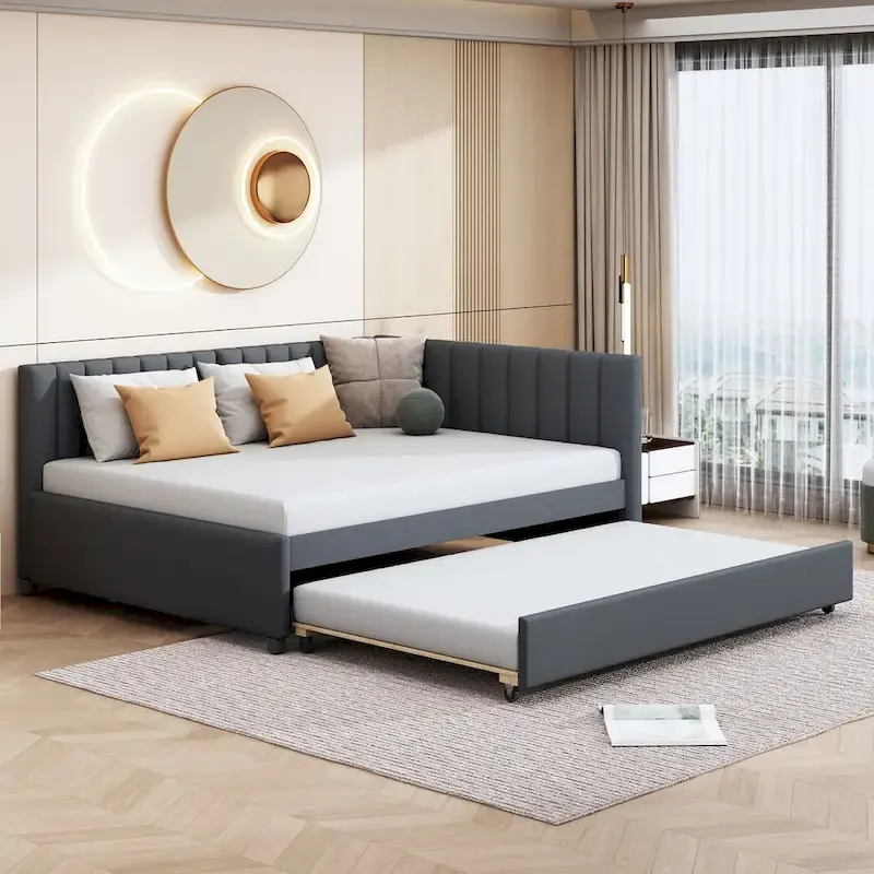 Full Size Upholstered Daybed with Trundle Sofa Bed Frame No Box Spring Needed, Linen Fabric