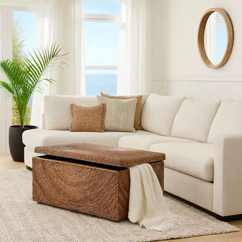 Natural Woven Storage Bench for Bedroom Decor - Stylish Ottoman Bench with Hidden Compartment for Blankets in Living Room - 19, Brown & Tan