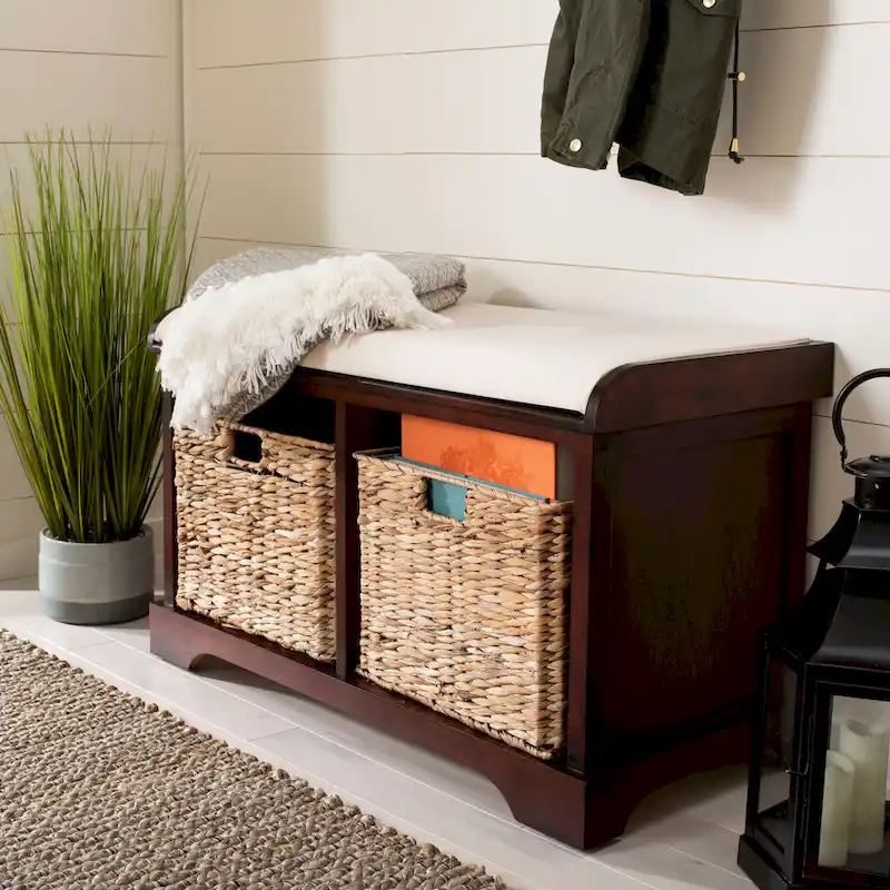 Storage Bench with Woven Baskets & Linen Seat, Pine Wood Frame, Entryway or Bathroom Use