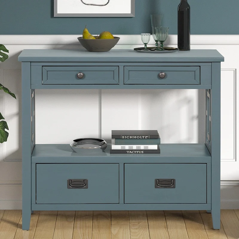 Wood Console Table Entry Sofa Table with 4 Drawers & 1 Storage Shelf for Entryway Living Room Bedroom