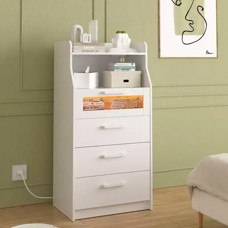 White Tall Dresser Modern Makeup Vanity Table with LED Lights and Charging Station