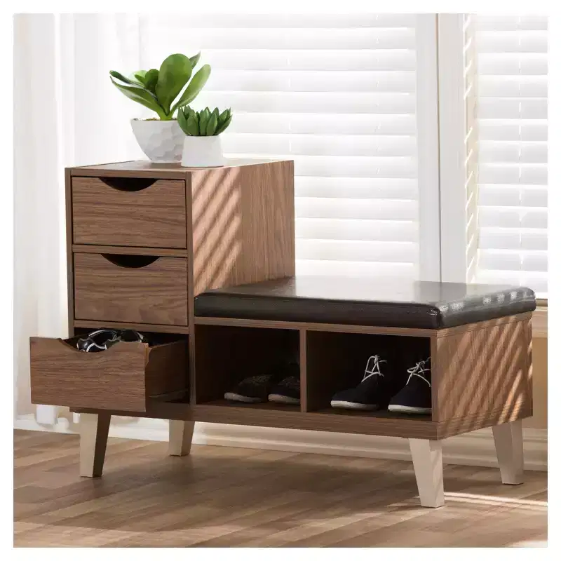 Modern 3-Drawer Shoe Storage Padded Leatherette Seating Bench with Two Open Shelves - Walnut Brown