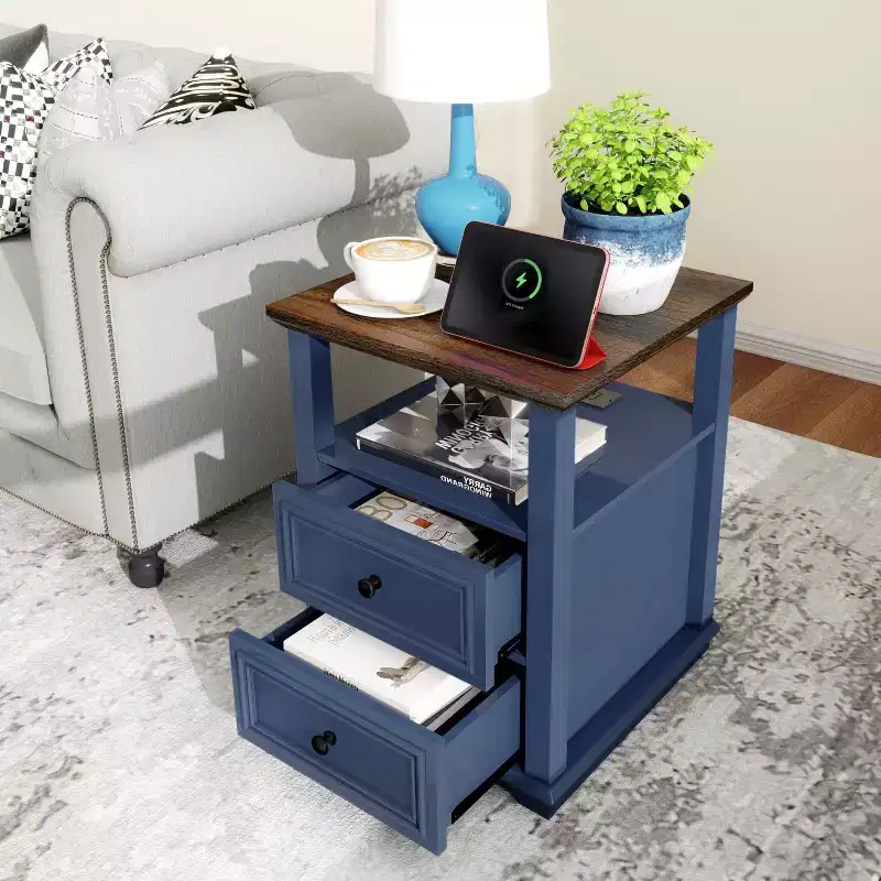 Dyonery Nightstand 18 White End Table with Charging Station Rustic Wood Tall Bedside Table