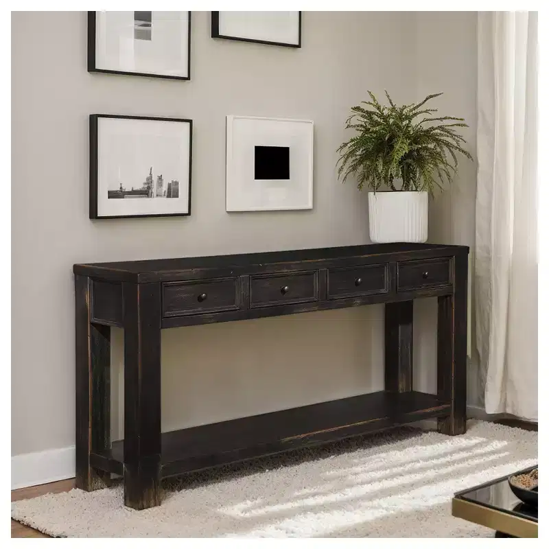 Signature Design by Ashley Gavelston 64 Sofa Console Table, Weathered Black Finish, 4 Drawers, Hand-Finished, Wood & Engineered Wood