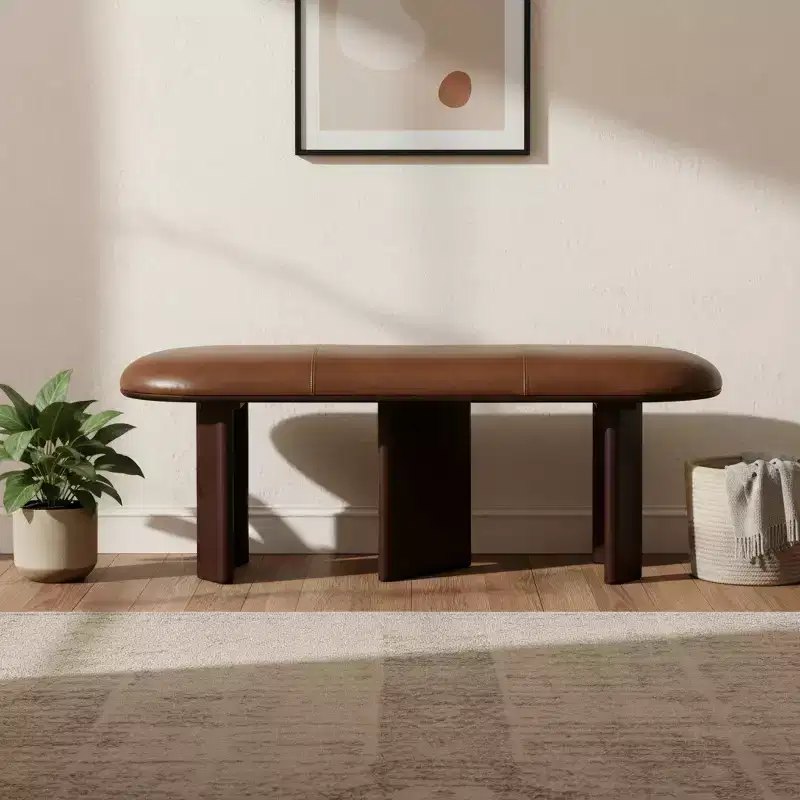 48 Brown Genuine Leather and Solid Wood Upholstered Bench