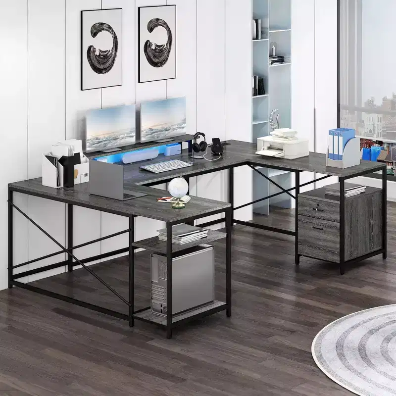 U Shaped Desk With Power Outlets & LED Lights Desk With Drawers Corner Computer Desk Office Desk With Monitor Stand & Storage Shelves Gray
