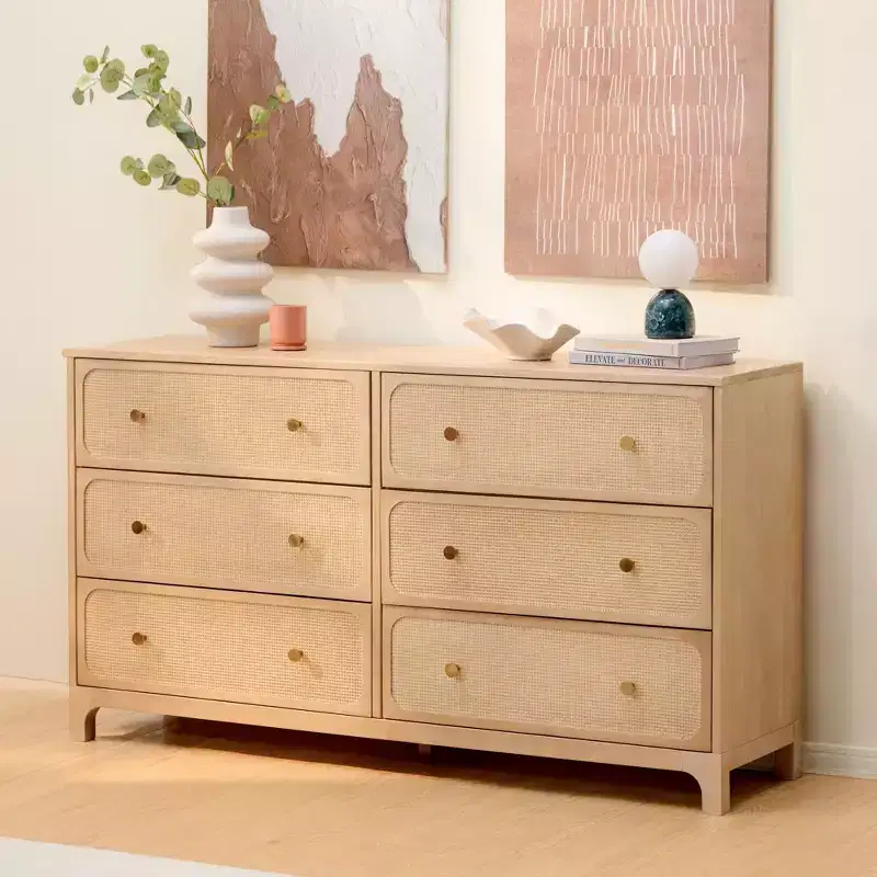 6-Drawer Dresser with Rattan Drawer Fronts and Brass Knobs – 59.5