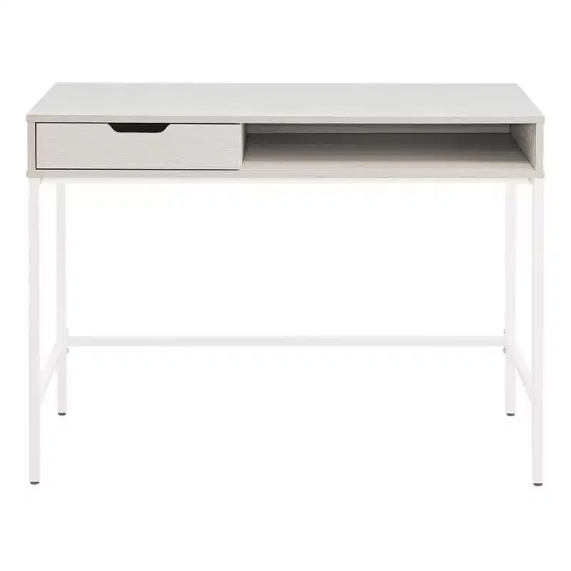 40" Desk with Drawer and Shelf White Oak: Sturdy Steel Frame, MDF Surface