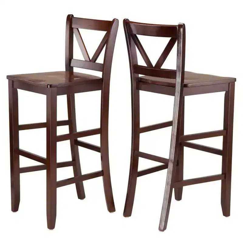 Set of 2 Victor V-Back 30" Barstool Wood/Walnut - Winsome: Solid Wood, High Back, Unupholstered