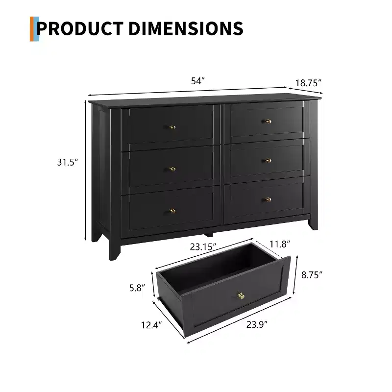 6 Drawer Dresser for Bedroom, 54 Wide Wooden Dressers with Large Storage,Handleless Chest of Drawers TV Stand for Living Room & Hallway, Set of 2