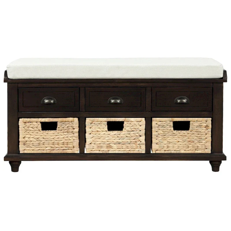 Espresso Storage Bench with 3 Drawers and 3 Rattan Baskets