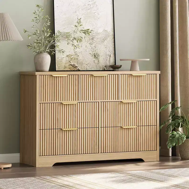 Zstar Modern Fluted Dresser for Bedroom, 7 Drawer Storage Cabinet with Metal Handel