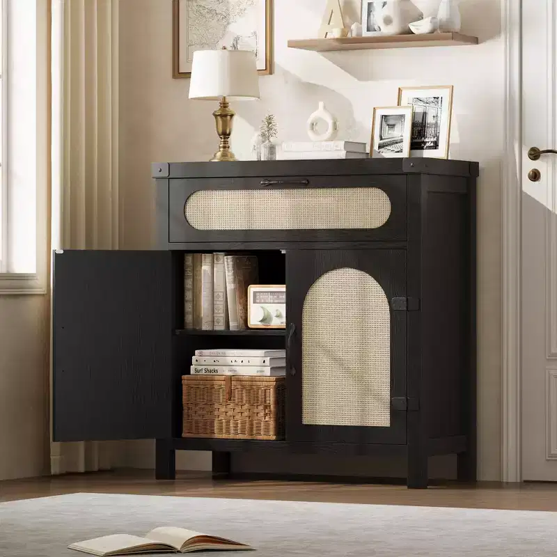 Rattan Sideboard Buffet Cabinets with Storage, Farmhouse Kitchen Accent Storage Cabinet with Drawer