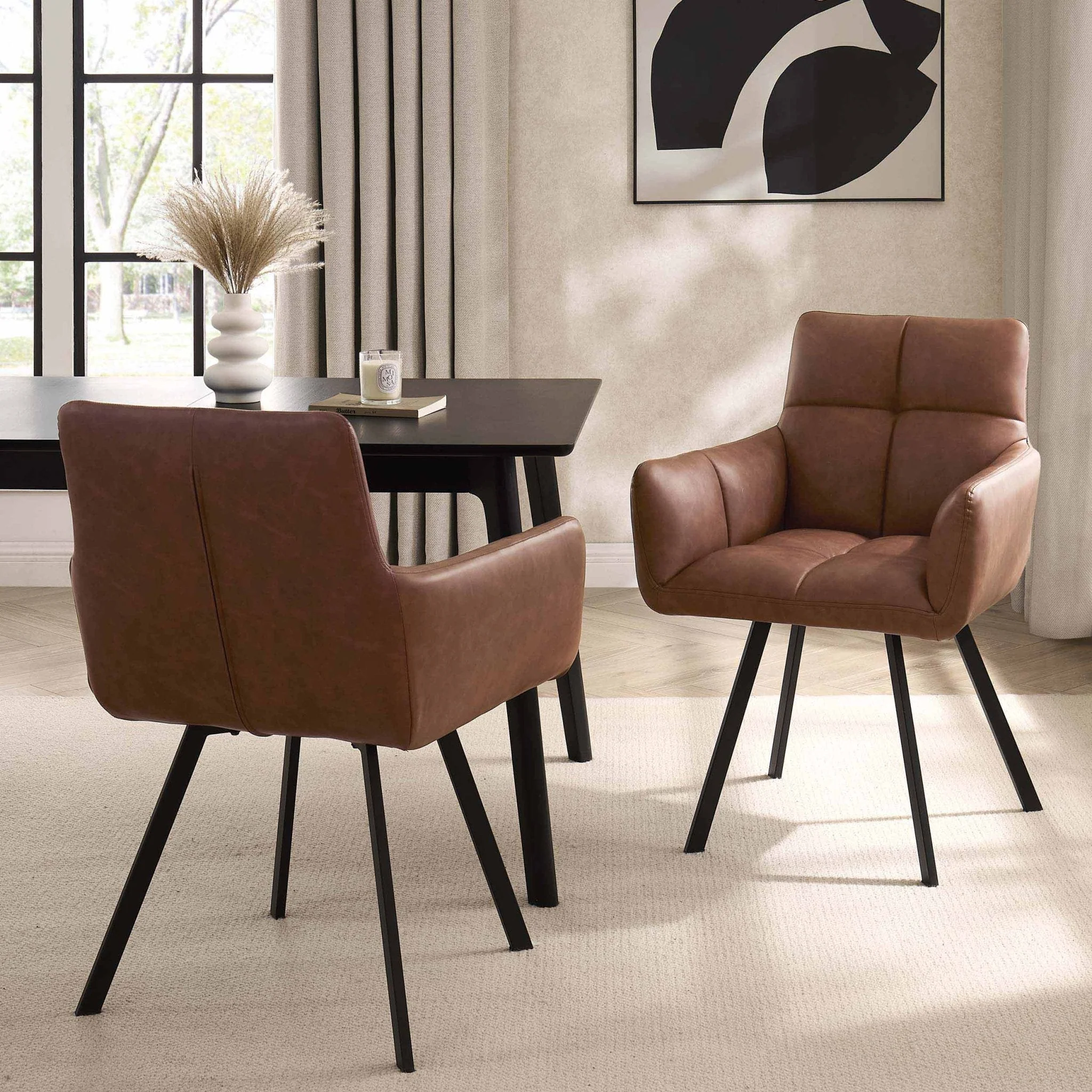 Retro Tan Faux Leather Dining Chair with Relaxed Design for Dining Room