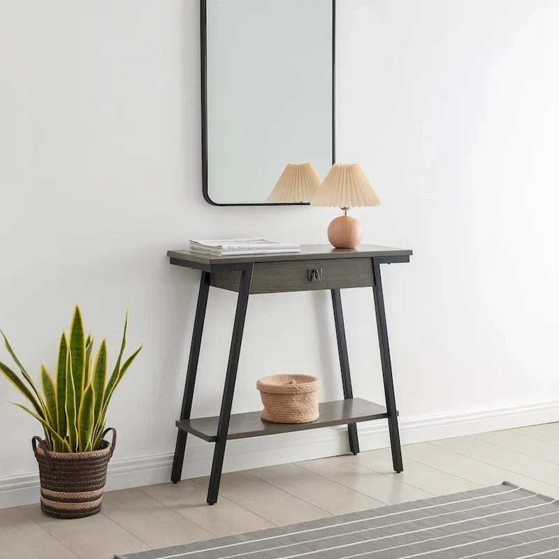 Wood Console Table with Drawer and Satin Gold Metal Frame, Mission Style Hall Table